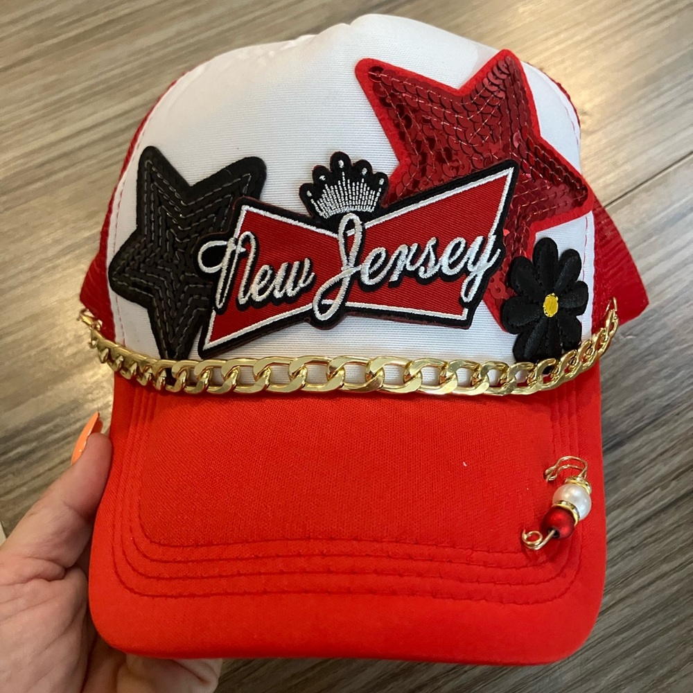 Custom, one of a kind New Jersey trucker hat.
